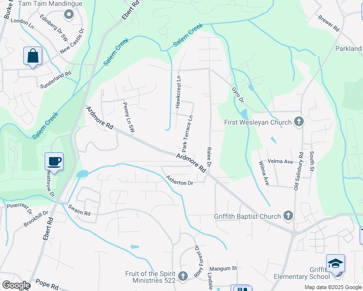 map of restaurants, bars, coffee shops, grocery stores, and more near 1767 Park Terrace Lane in Winston-Salem