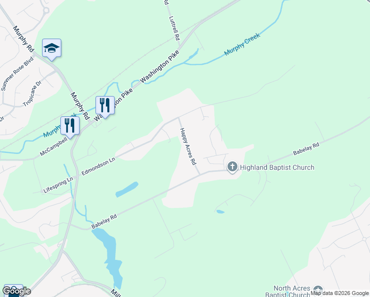 map of restaurants, bars, coffee shops, grocery stores, and more near 3432 Happy Acres Road in Knoxville
