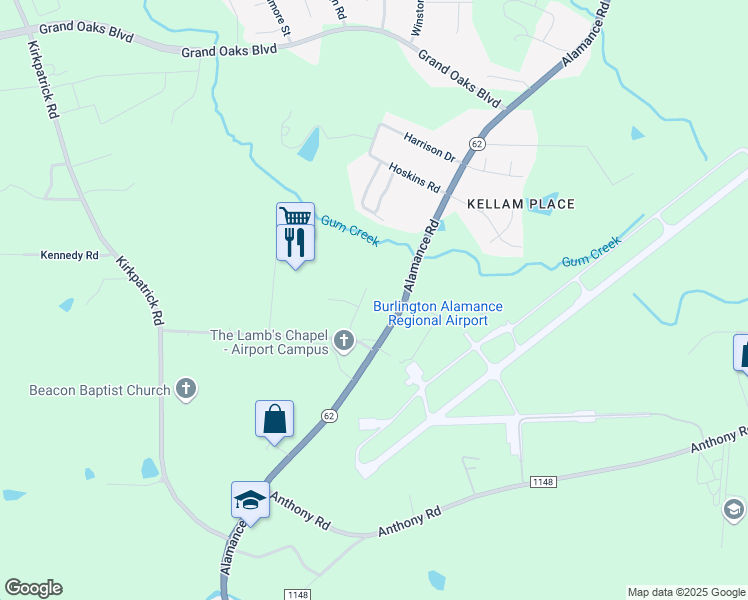 map of restaurants, bars, coffee shops, grocery stores, and more near 3405 Alamance Road in Burlington