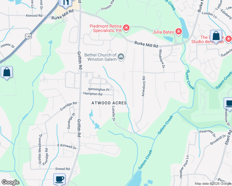 map of restaurants, bars, coffee shops, grocery stores, and more near 3077 Kensington Place in Winston-Salem