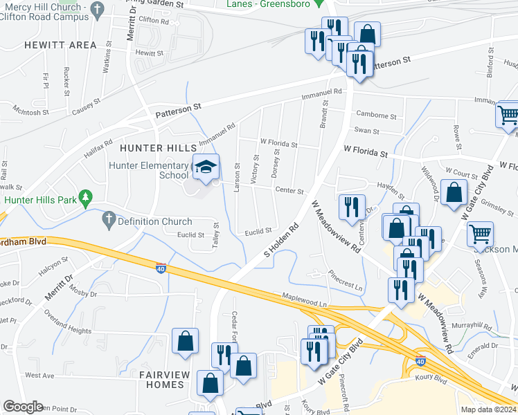 map of restaurants, bars, coffee shops, grocery stores, and more near 1515 Victory Street in Greensboro