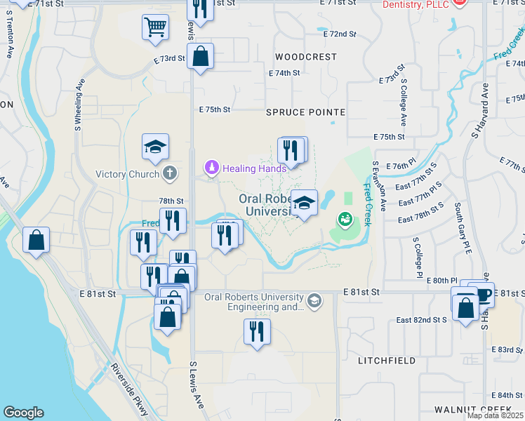 map of restaurants, bars, coffee shops, grocery stores, and more near in Tulsa