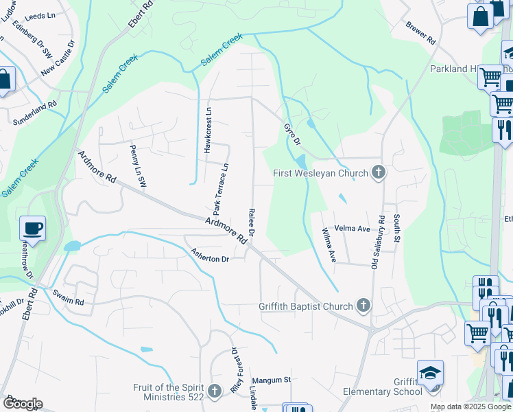map of restaurants, bars, coffee shops, grocery stores, and more near 1726 Ralee Drive in Winston-Salem