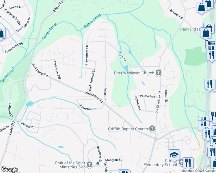 map of restaurants, bars, coffee shops, grocery stores, and more near 1726 Ralee Drive in Winston-Salem
