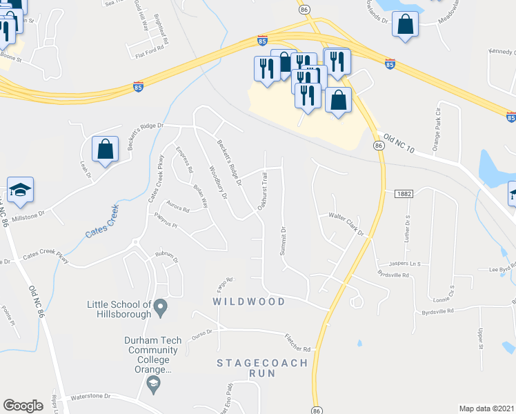map of restaurants, bars, coffee shops, grocery stores, and more near 2318 Oakhurst Trail in Hillsborough