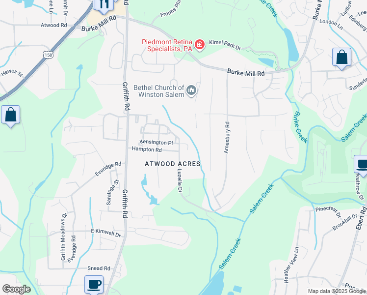 map of restaurants, bars, coffee shops, grocery stores, and more near 3030 Kensington Place in Winston-Salem