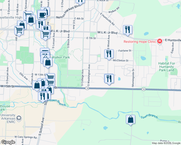 map of restaurants, bars, coffee shops, grocery stores, and more near 1224 South Washington Avenue in Fayetteville