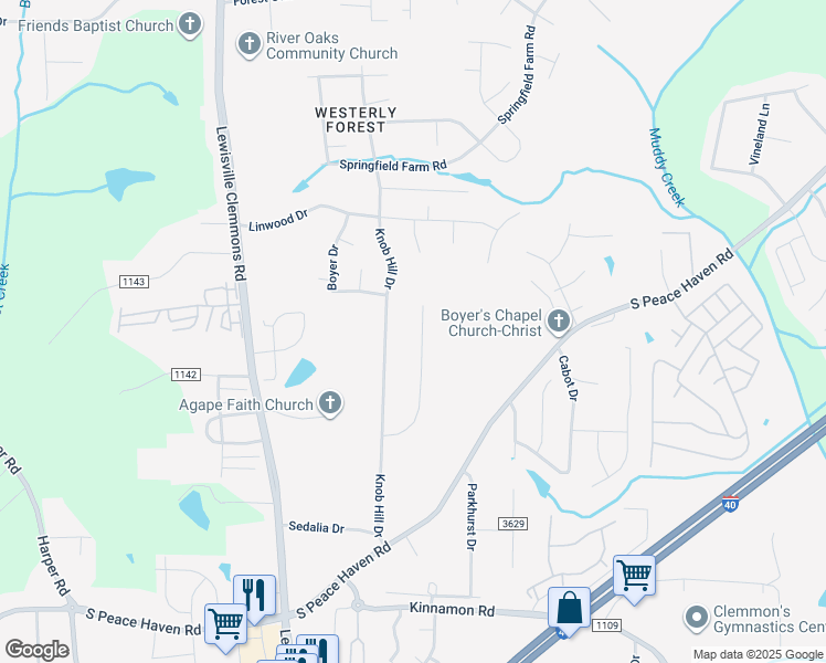 map of restaurants, bars, coffee shops, grocery stores, and more near 2704 Park Oak Drive in Clemmons