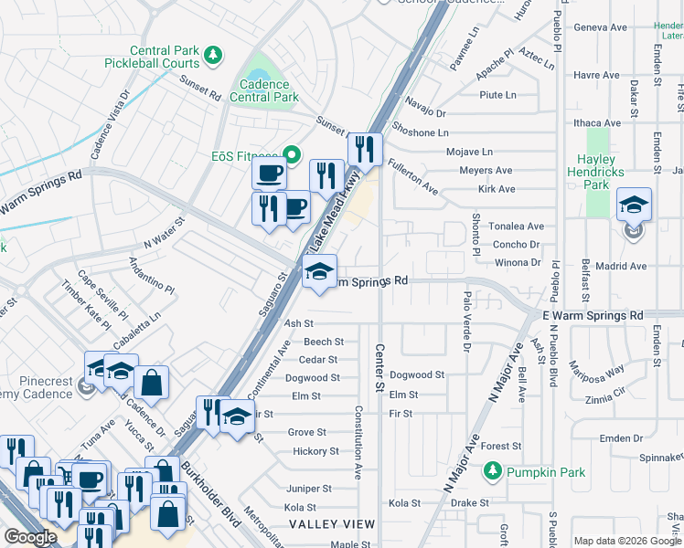 map of restaurants, bars, coffee shops, grocery stores, and more near 663 Swift Eagle Avenue in Henderson