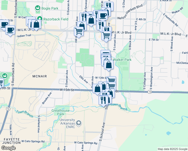 map of restaurants, bars, coffee shops, grocery stores, and more near 1232 Dunn Avenue in Fayetteville