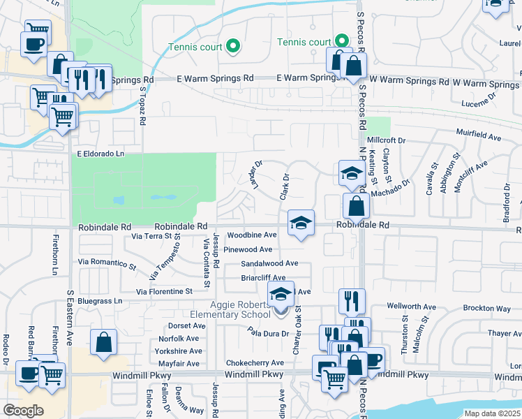 map of restaurants, bars, coffee shops, grocery stores, and more near 2662 Churchill Circle in Henderson
