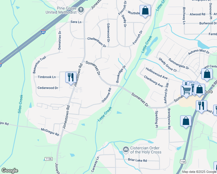 map of restaurants, bars, coffee shops, grocery stores, and more near 1001 Somerset Drive in Winston-Salem