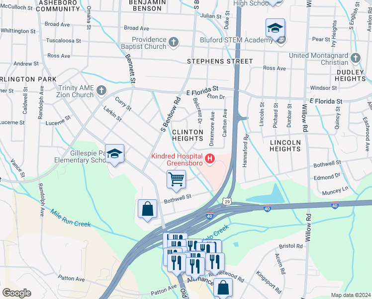 map of restaurants, bars, coffee shops, grocery stores, and more near 2002 Belcrest Drive in Greensboro