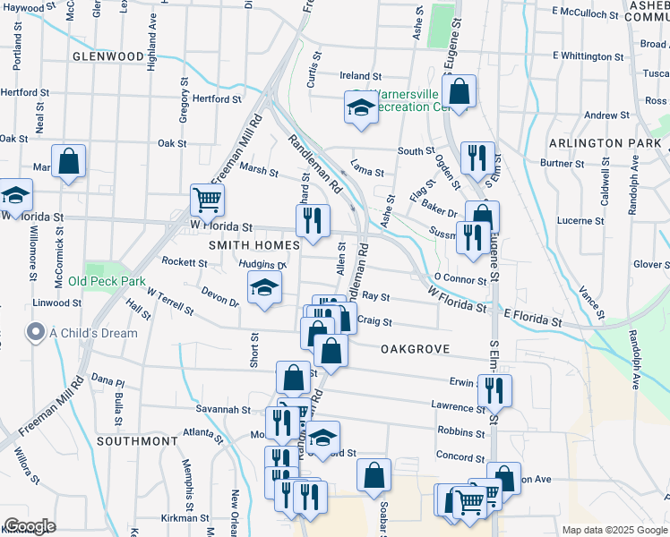 map of restaurants, bars, coffee shops, grocery stores, and more near 1702 Allen Street in Greensboro
