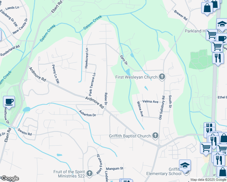 map of restaurants, bars, coffee shops, grocery stores, and more near 1677 Myers Street in Winston-Salem