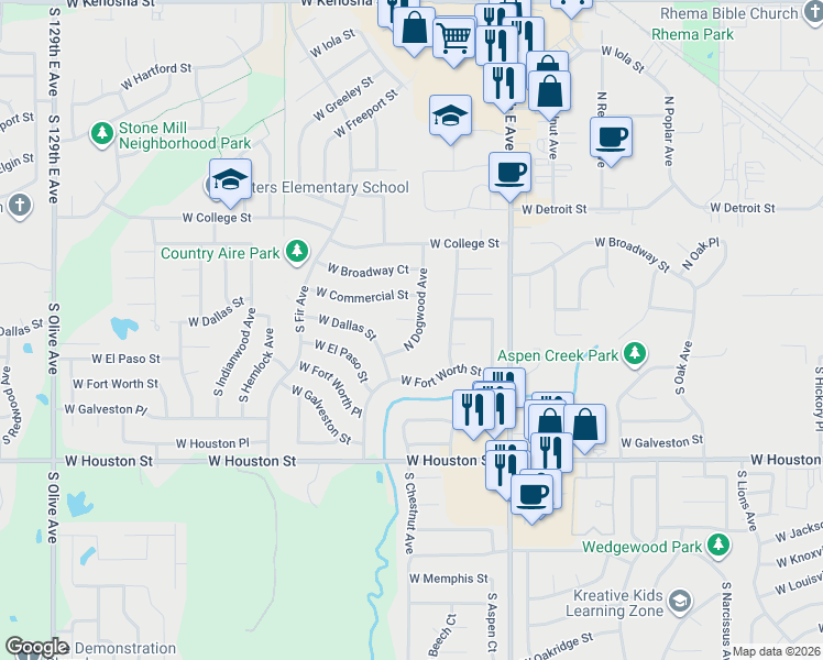 map of restaurants, bars, coffee shops, grocery stores, and more near 213 South Dogwood Avenue in Broken Arrow