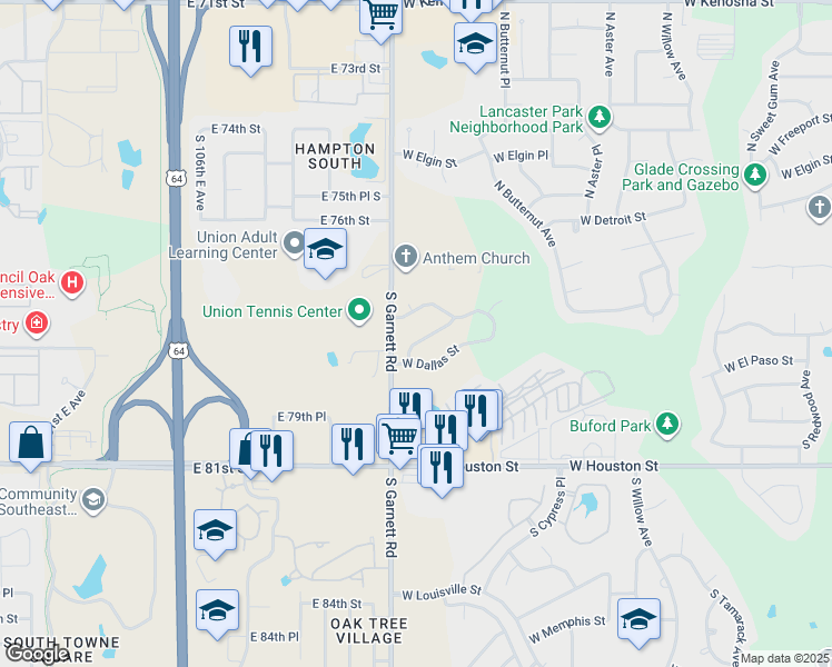 map of restaurants, bars, coffee shops, grocery stores, and more near 4921 West Commercial Street in Broken Arrow