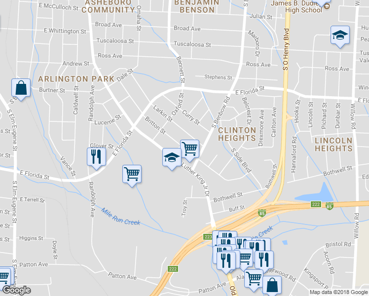 map of restaurants, bars, coffee shops, grocery stores, and more near 1904 Britton Street in Greensboro