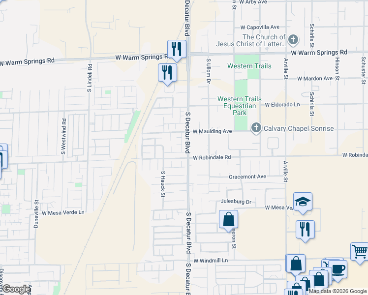 map of restaurants, bars, coffee shops, grocery stores, and more near 7640 South Decatur Boulevard in Las Vegas