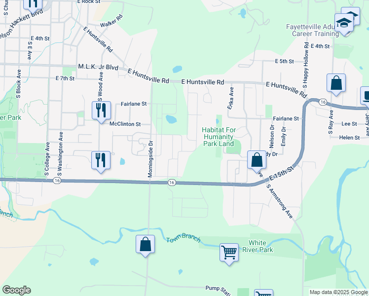 map of restaurants, bars, coffee shops, grocery stores, and more near 792 South Seven Hills Court in Fayetteville