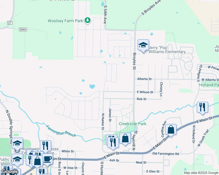 map of restaurants, bars, coffee shops, grocery stores, and more near 32 East Wilson Street in Farmington