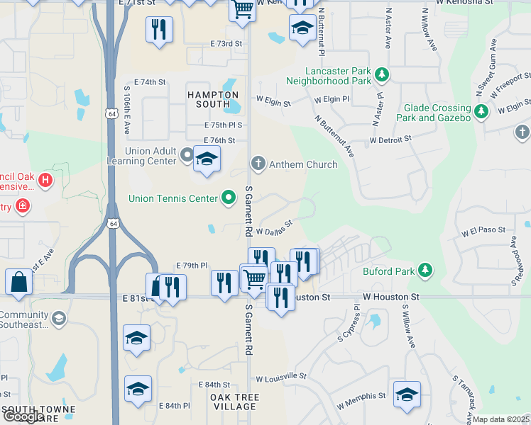 map of restaurants, bars, coffee shops, grocery stores, and more near 4921 West Commercial Street in Broken Arrow