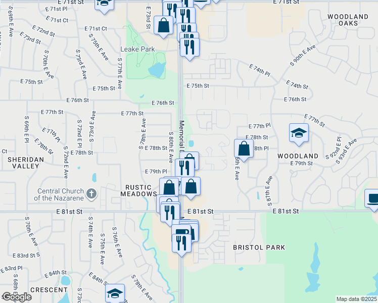 map of restaurants, bars, coffee shops, grocery stores, and more near 7735 South Memorial Drive in Tulsa