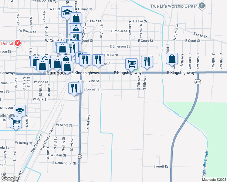map of restaurants, bars, coffee shops, grocery stores, and more near 411 East Locust Street in Paragould