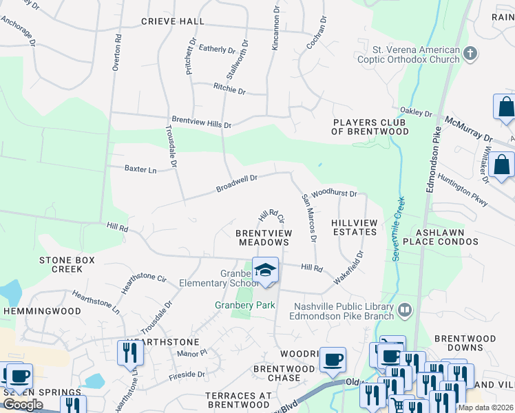 map of restaurants, bars, coffee shops, grocery stores, and more near 5433 Hill Road Circle in Nashville