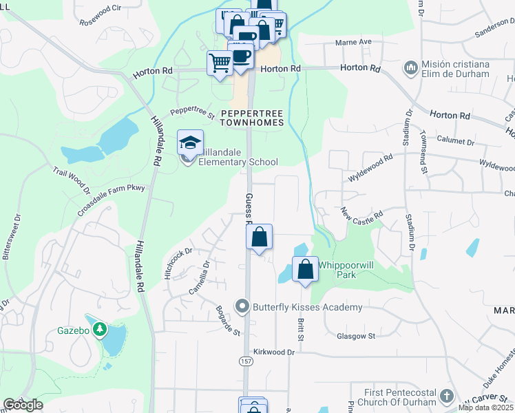 map of restaurants, bars, coffee shops, grocery stores, and more near 3702 Guess Road in Durham