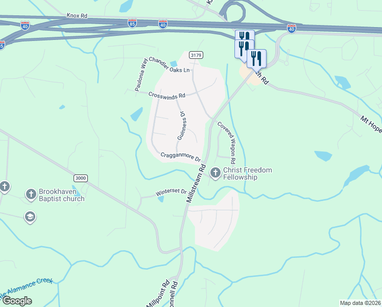 map of restaurants, bars, coffee shops, grocery stores, and more near 1525 Guinness Drive in McLeansville
