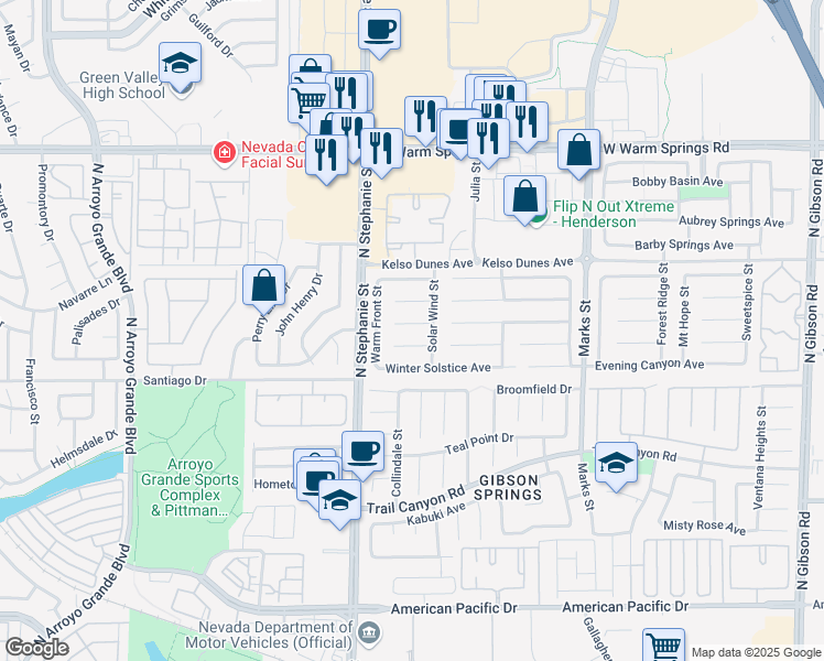 map of restaurants, bars, coffee shops, grocery stores, and more near 1371 Cumulus Court in Henderson