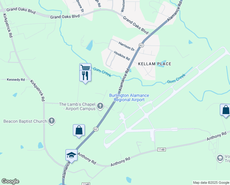 map of restaurants, bars, coffee shops, grocery stores, and more near 3405 Alamance Road in Burlington