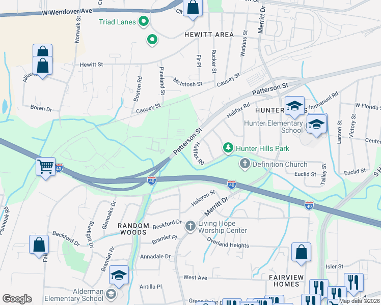 map of restaurants, bars, coffee shops, grocery stores, and more near 4306 Halifax Road in Greensboro