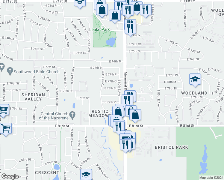 map of restaurants, bars, coffee shops, grocery stores, and more near 7904 East 78th Street in Tulsa