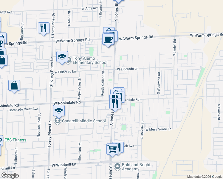 map of restaurants, bars, coffee shops, grocery stores, and more near 6111 Walker Valley Court in Las Vegas