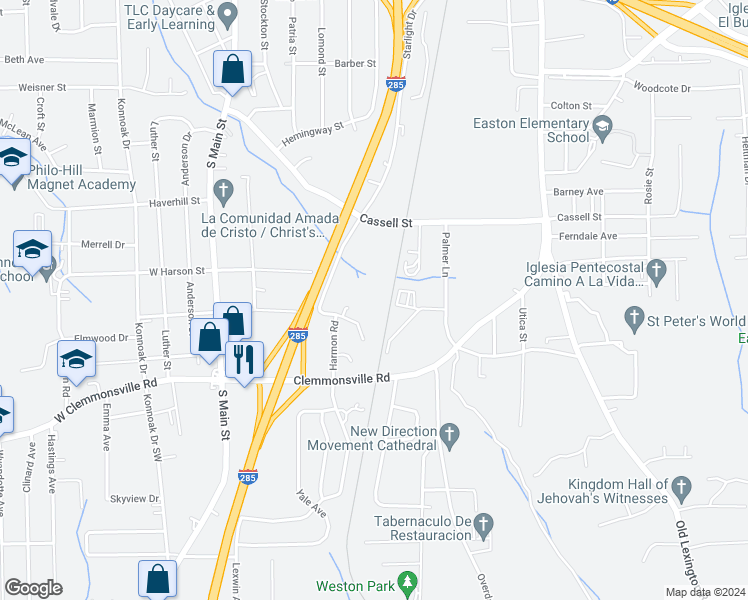 map of restaurants, bars, coffee shops, grocery stores, and more near 3216 Starlight Drive in Winston-Salem