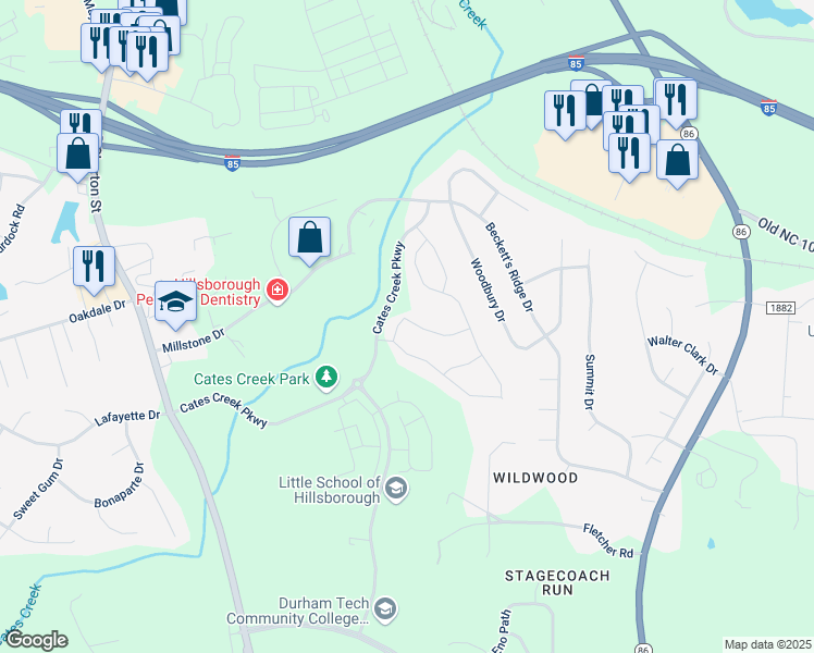 map of restaurants, bars, coffee shops, grocery stores, and more near 115 Aurora Road in Hillsborough