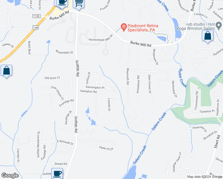map of restaurants, bars, coffee shops, grocery stores, and more near 3046 Kensington Place in Winston-Salem