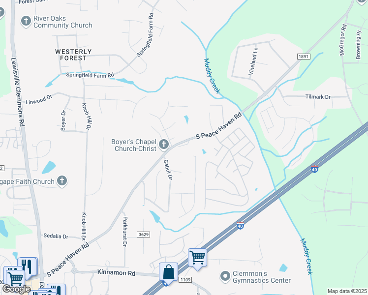 map of restaurants, bars, coffee shops, grocery stores, and more near 787 Haven Way Court in Winston-Salem