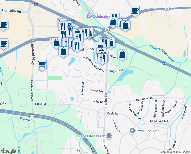 map of restaurants, bars, coffee shops, grocery stores, and more near 5038 Bartholomew's Lane in Greensboro