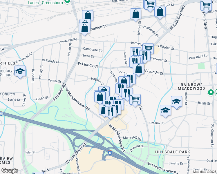 map of restaurants, bars, coffee shops, grocery stores, and more near 2903 Dexter Avenue in Greensboro