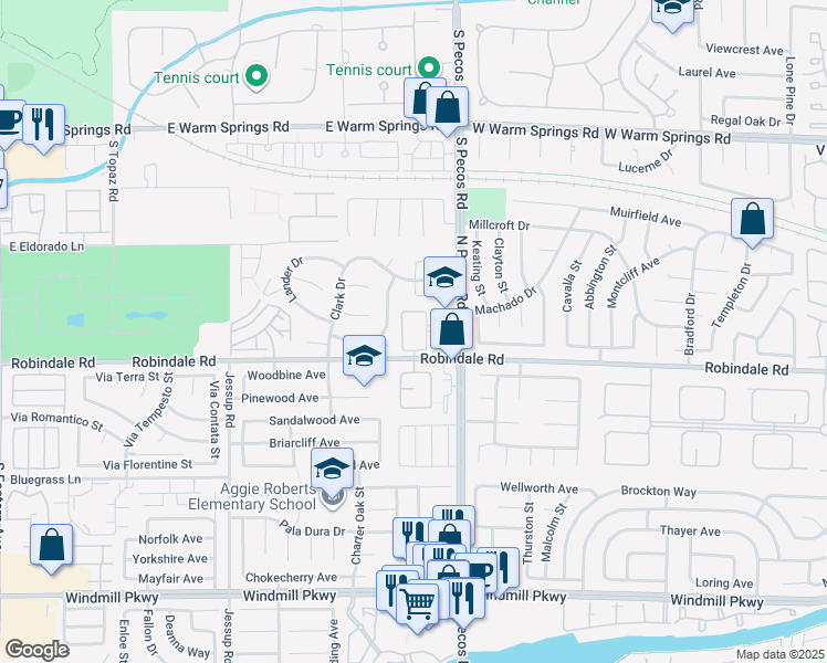 map of restaurants, bars, coffee shops, grocery stores, and more near 2620 Robindale Road in Henderson
