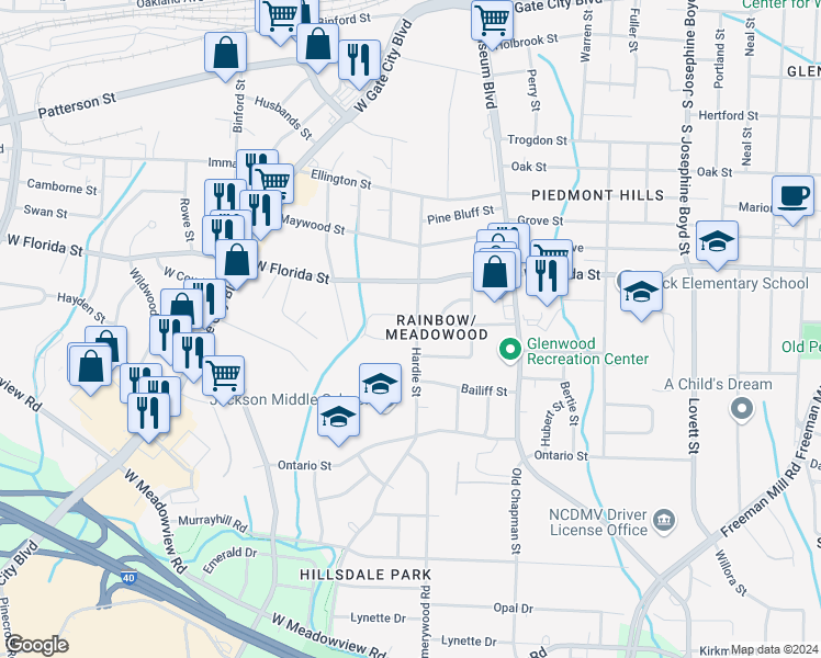 map of restaurants, bars, coffee shops, grocery stores, and more near 1904 Hardie Street in Greensboro