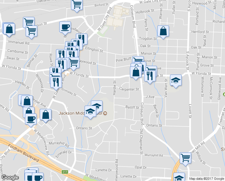 map of restaurants, bars, coffee shops, grocery stores, and more near 1904 Hardie Street in Greensboro