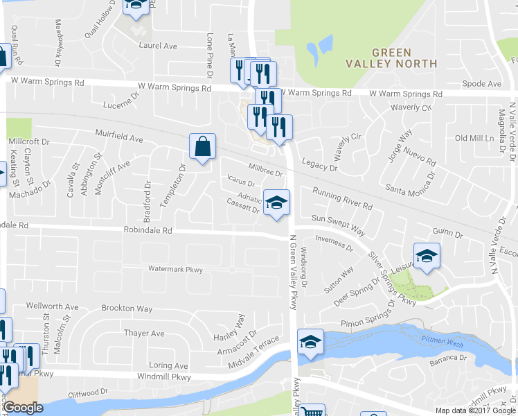 map of restaurants, bars, coffee shops, grocery stores, and more near 2250 Cassatt Drive in Henderson