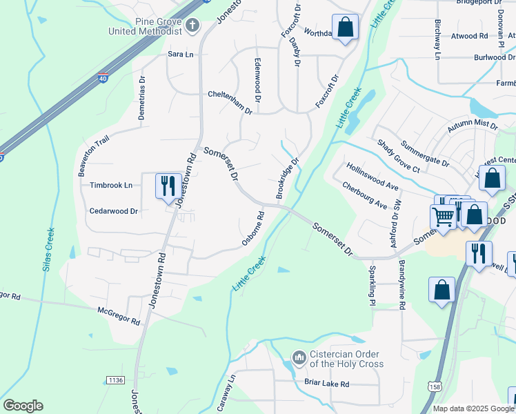 map of restaurants, bars, coffee shops, grocery stores, and more near 1001 Somerset Drive in Winston-Salem