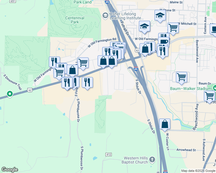 map of restaurants, bars, coffee shops, grocery stores, and more near 1342 Farmers Road in Fayetteville