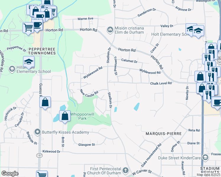 map of restaurants, bars, coffee shops, grocery stores, and more near 1209 Chalk Level Road in Durham