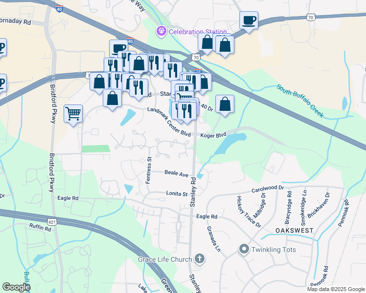 map of restaurants, bars, coffee shops, grocery stores, and more near 5015 Bartholomew's Lane in Greensboro